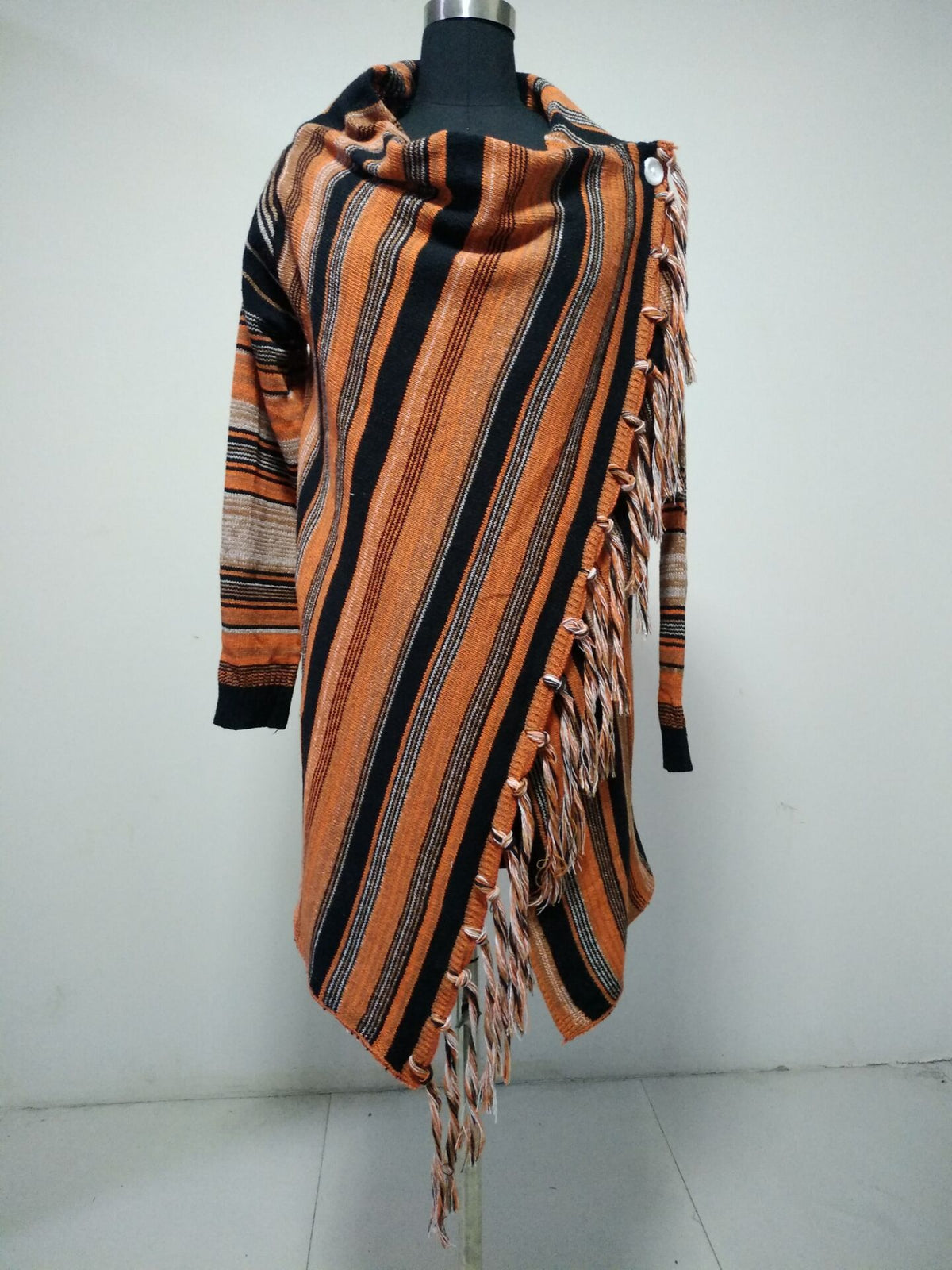 Women’s orange striped fringe shawl wrap cardigan with asymmetric drape