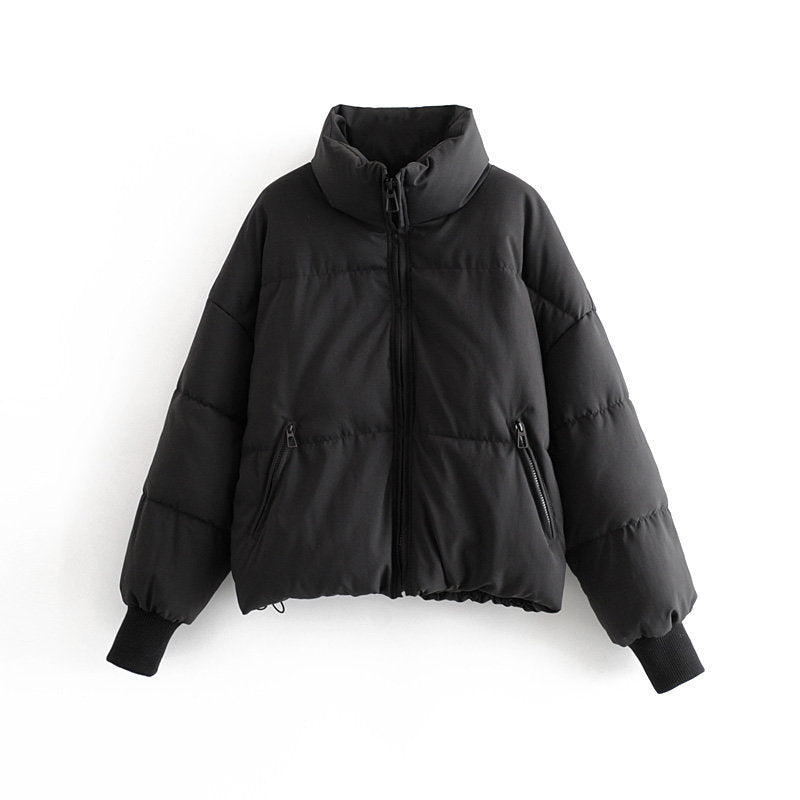 Women's black zip-front puffer jacket with stand collar and zip side pockets