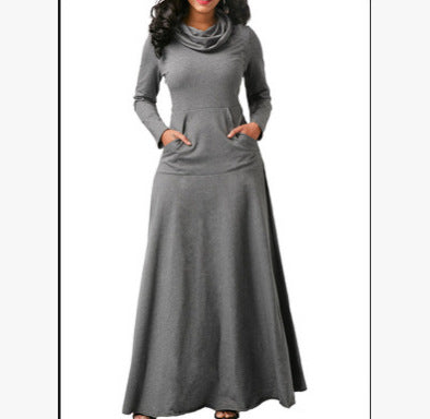 Maxi long-sleeve dress with cowl scarf neck and side pockets, gray