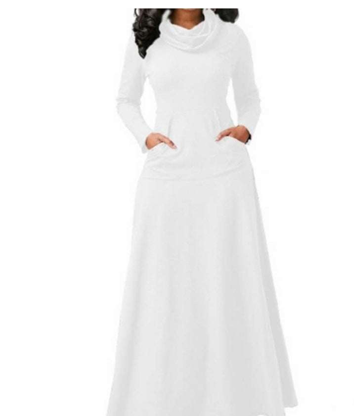 Maxi long-sleeve dress with cowl scarf neck and side pockets, white