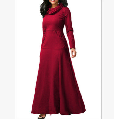 Maxi long-sleeve dress with cowl scarf neck and side pockets, deep red