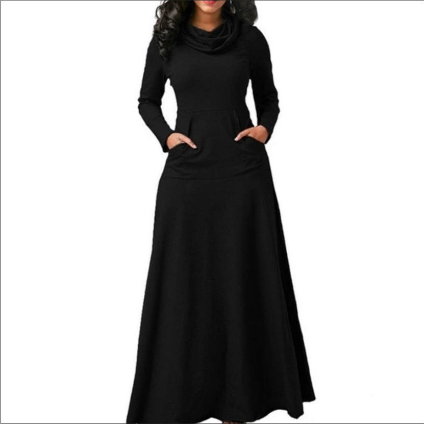 Maxi long-sleeve dress with cowl scarf neck and side pockets, black