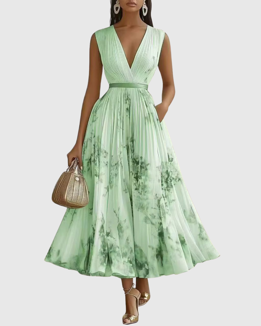 Pleated maxi dress with sleeveless V-neck, green floral print and cinched waist