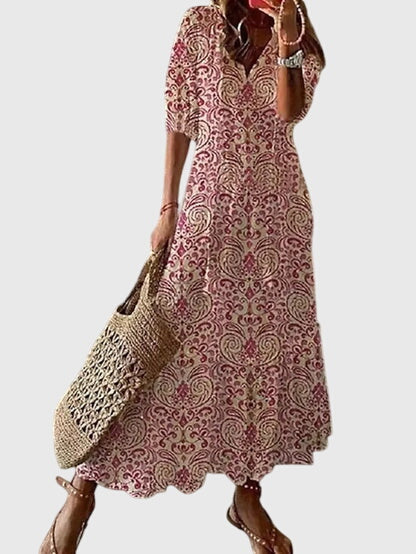 Maroon boho summer dress with short sleeves and paisley pattern, tiered hem