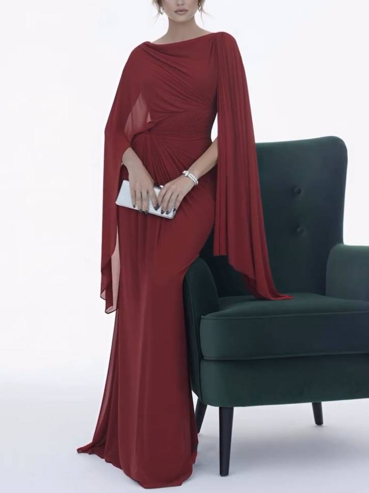 Burgundy chiffon cape-sleeve maxi dress with boat neck and ruched waist