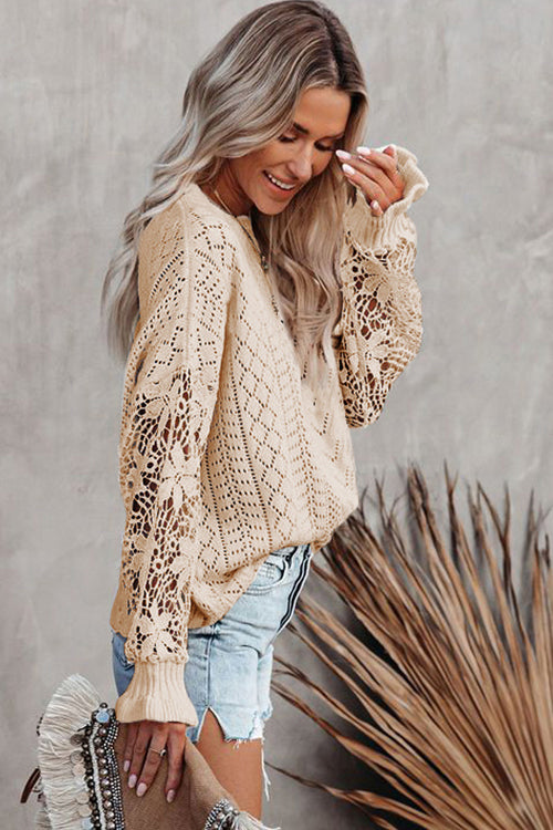 Beige lace hollow-out knit sweater with long sleeves and ribbed cuff details