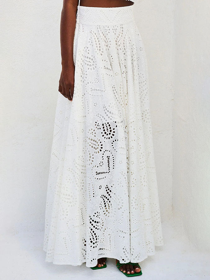 White eyelet lace high-waist maxi skirt, full A-line flare with allover cutwork