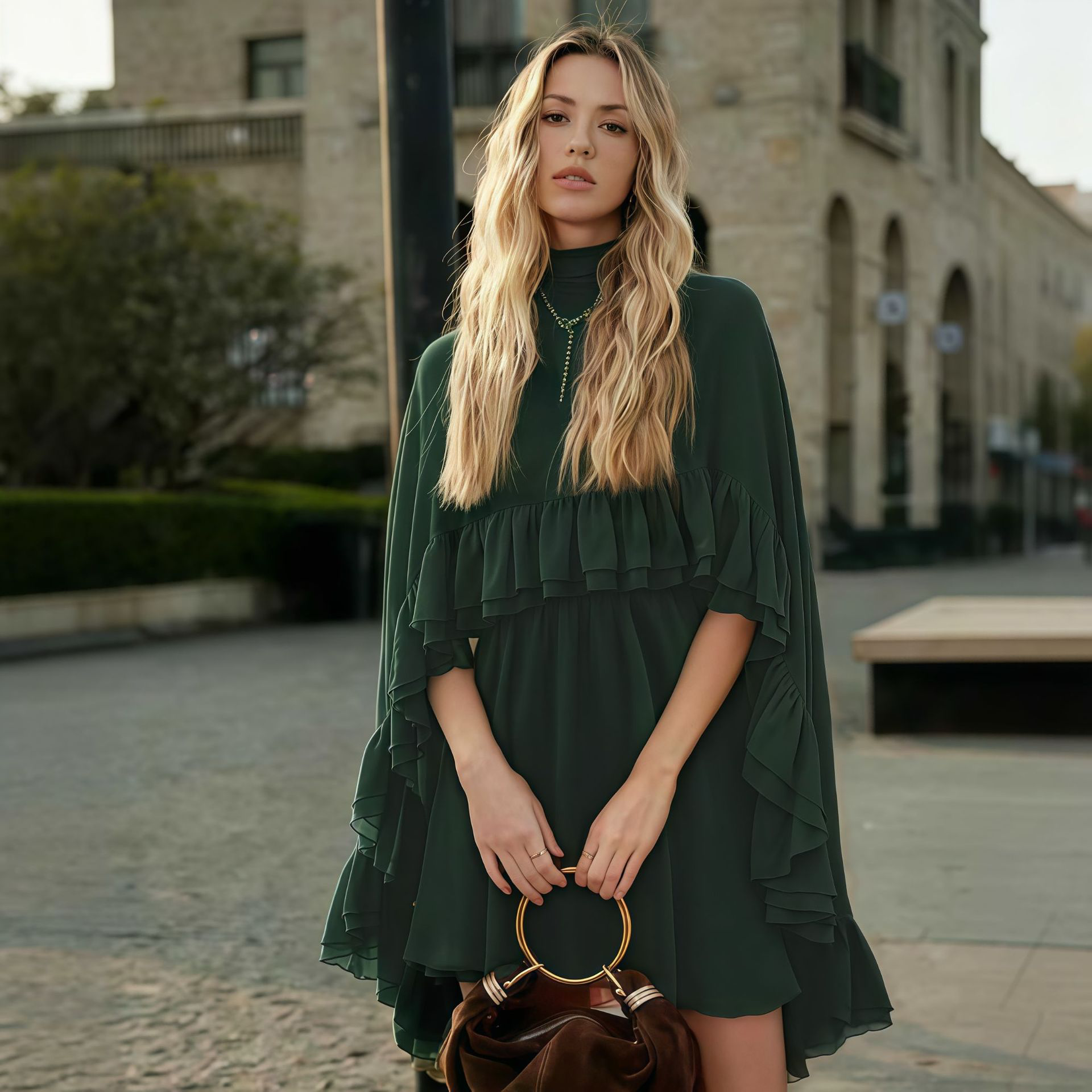 Forest green chiffon mini dress with high neck, cape sleeves, and tiered ruffle skirt