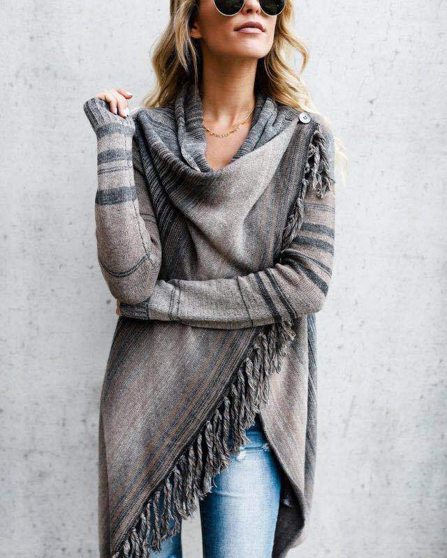 Women’s gray fringe shawl-collar wrap cardigan with asymmetric draped front
