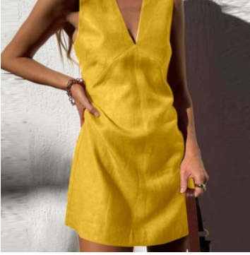 Sleeveless mini dress with deep V-neck, yellow, seam panel detail