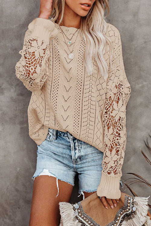 Beige lace hollow-out knit sweater with chevron pattern and openwork sleeve detail