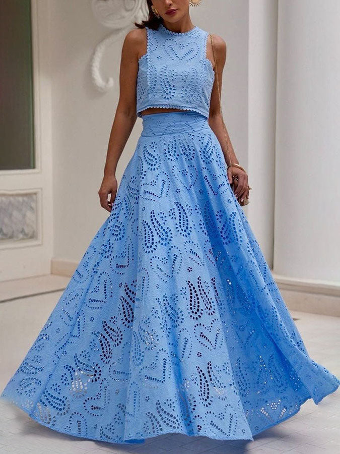 Blue eyelet lace high-waist maxi skirt, full A-line flare with floral-style cutwork pattern