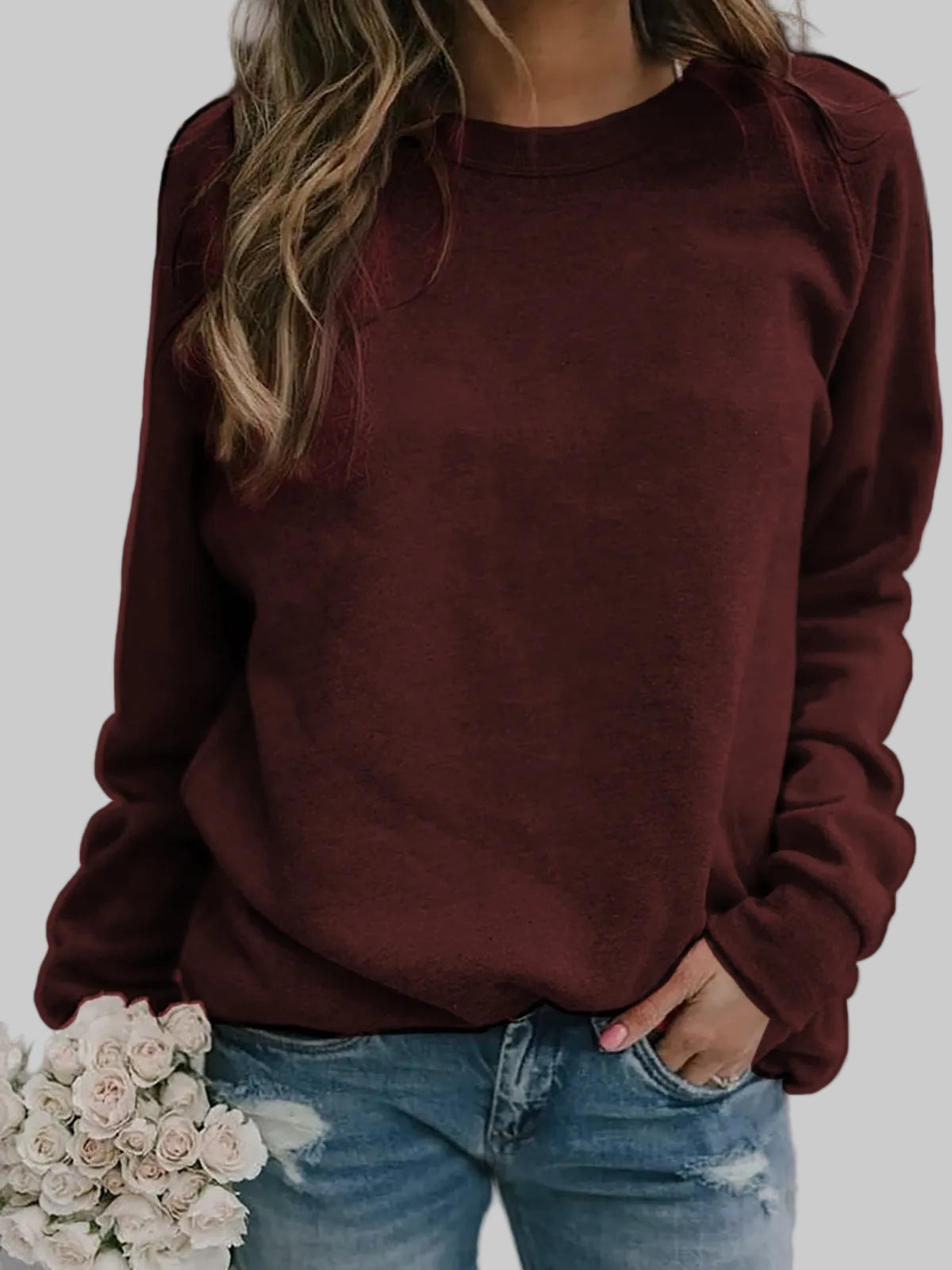 Women’s long-sleeve round-neck T-shirt top, burgundy, relaxed fit