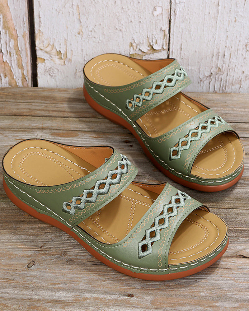Faux leather flatform boho slide sandals in green with embroidered strap detail