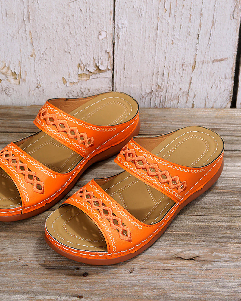 Faux leather flatform boho slide sandals in orange with embroidered strap detail