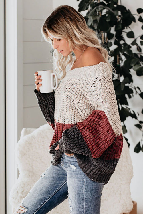 Striped knit off-shoulder sweater in cream with dark burgundy and charcoal stripes