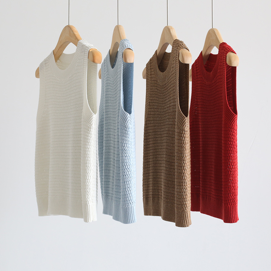 Cotton open-knit crochet tank tops with ribbed crew neck, sleeveless (white, blue, brown, red)