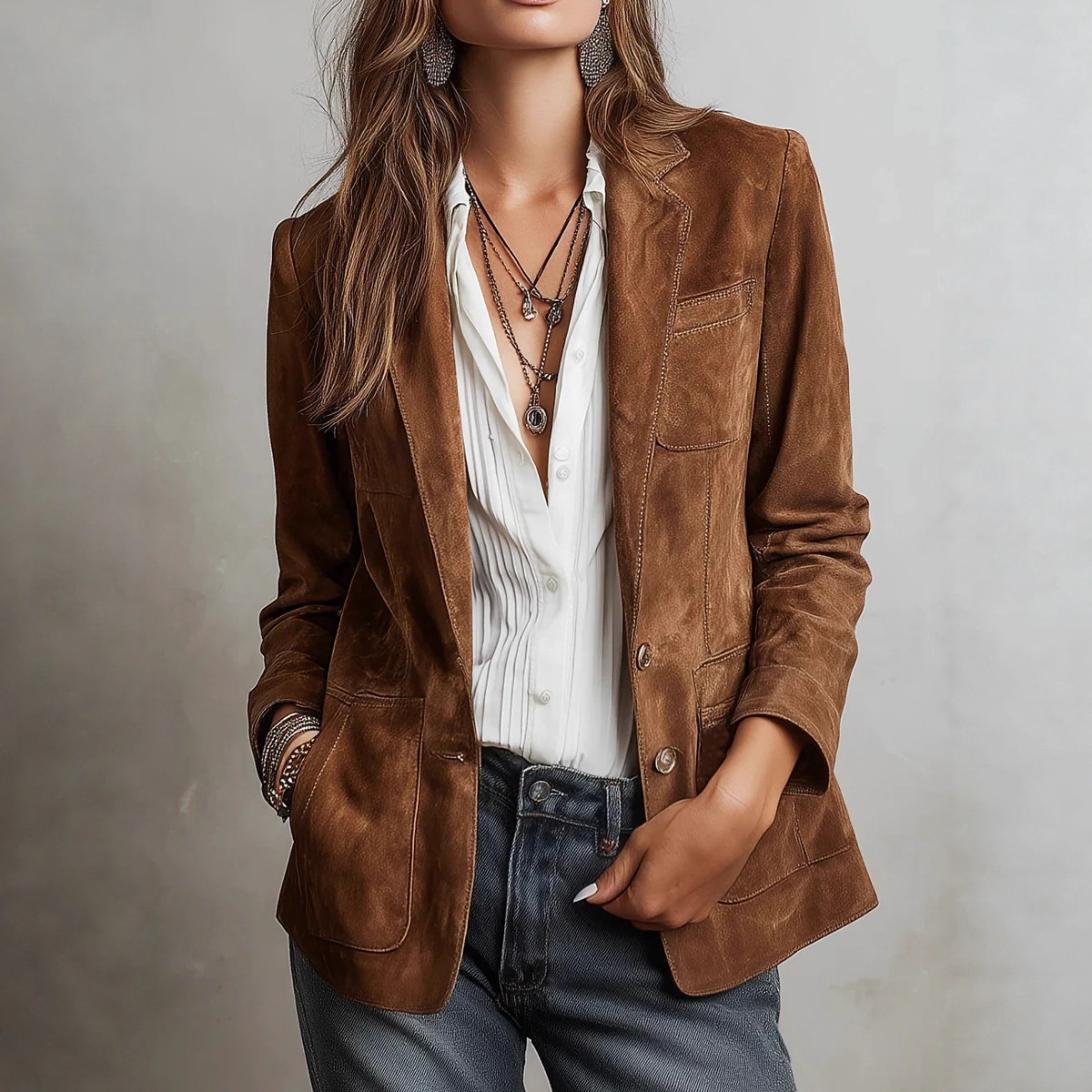 Women’s double-breasted oversized blazer, brown suede with patch pockets and gold buttons