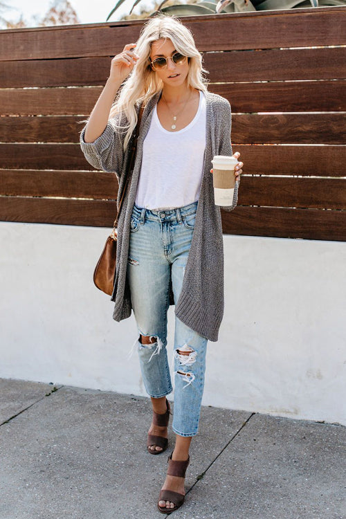 Long sleeve knit cardigan in grey with open front and relaxed fit