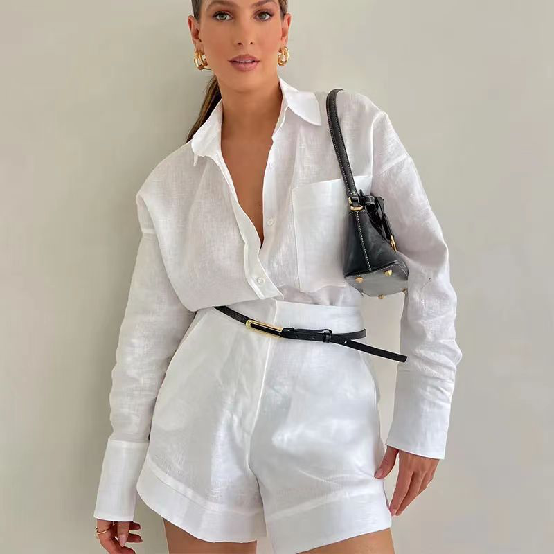 White linen long-sleeve button shirt with high-waist belted shorts set