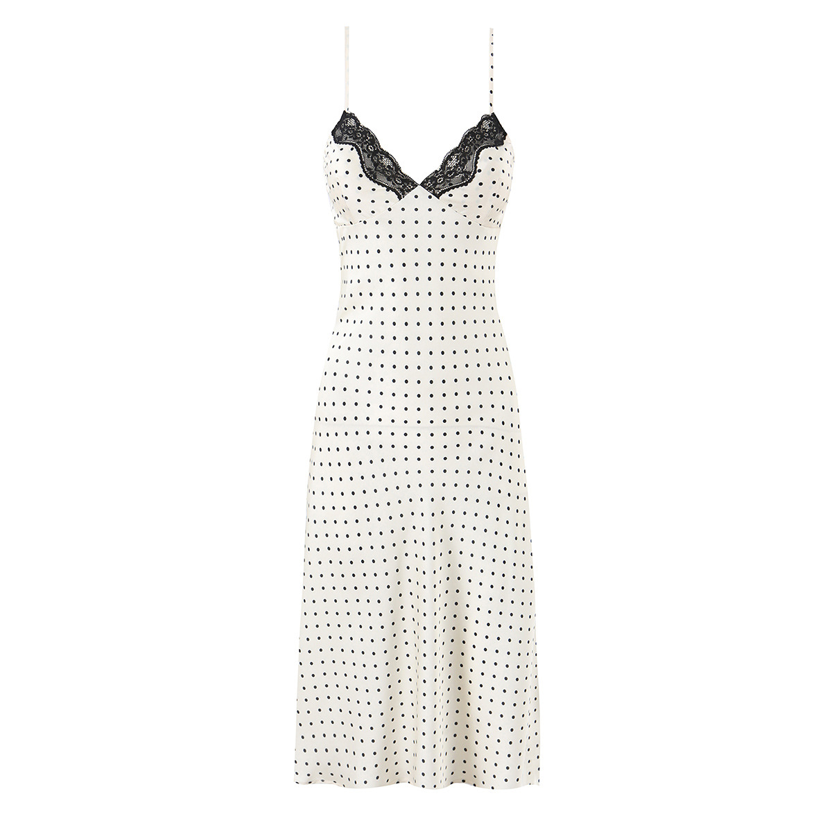 White cami maxi dress with black lace sweetheart neckline and flared skirt
