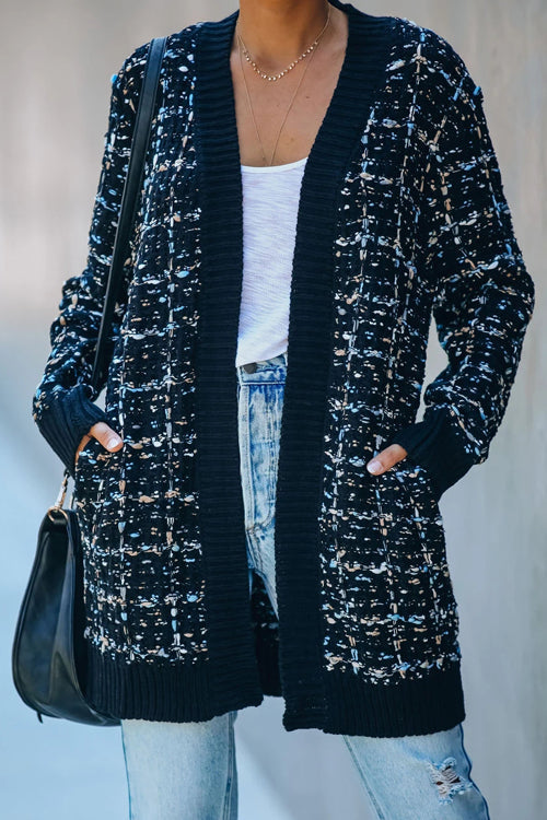 Navy knit cardigan with speckled white finish, open front and long sleeves