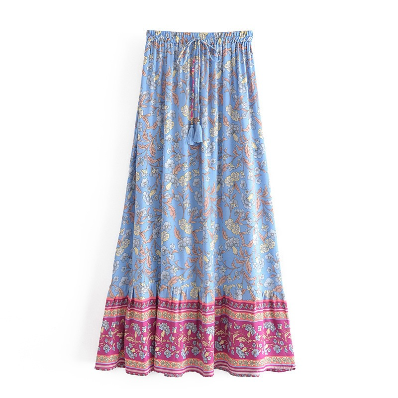 Blue floral maxi skirt with elastic waist and pink patterned border hem