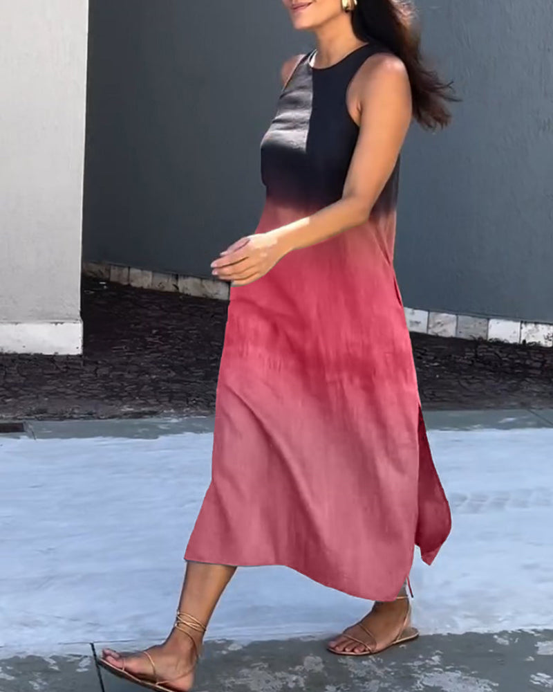 Sleeveless viscose ombre midi dress, crew neck with side slit, dark-to-red gradient.