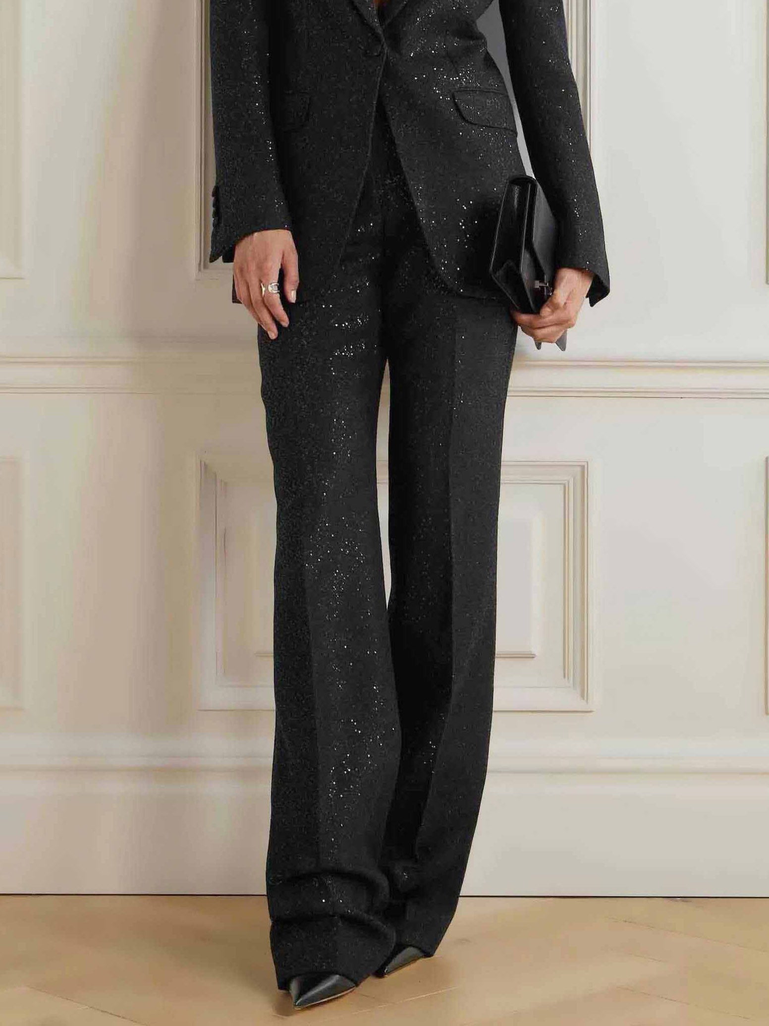 Black sequin wide-leg trousers and matching blazer, full length front detail