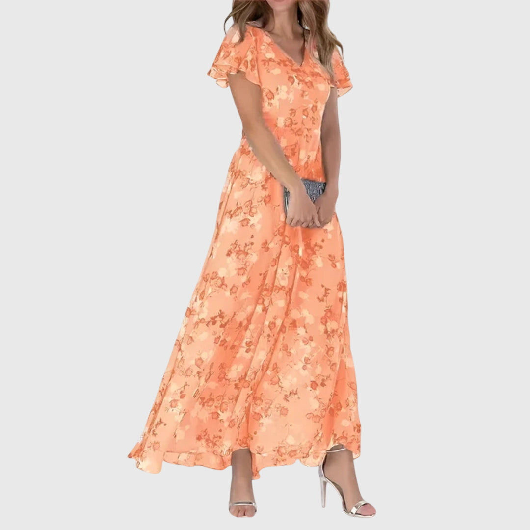 Orange floral wrap midi dress with flutter sleeves and V-neck, gathered skirt