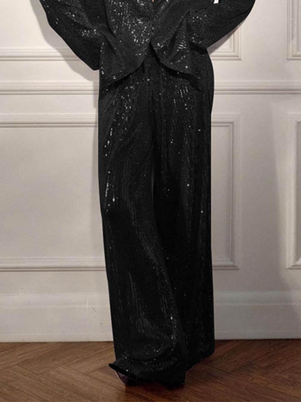 Black sequin longline blazer with open V-neck and straight relaxed hem