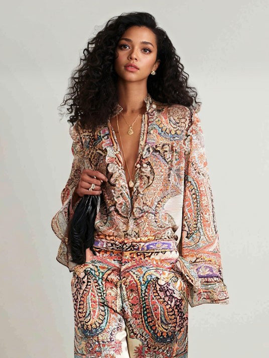 Cream paisley chiffon blouse with ruffle V-neck and long bell sleeves