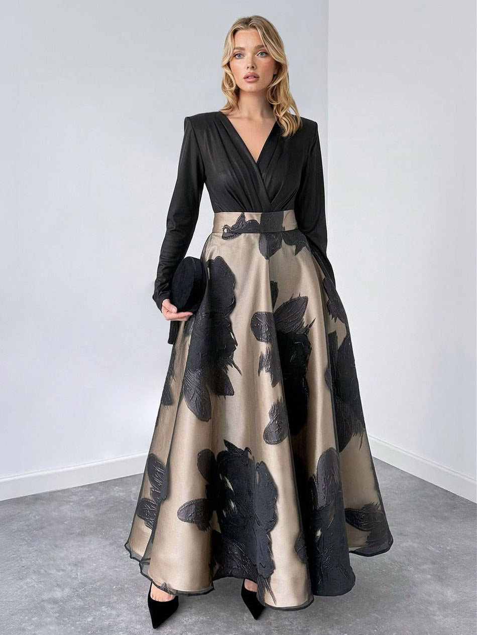 Black organza maxi dress with long sleeves, V-neck, A-line skirt and floral pattern