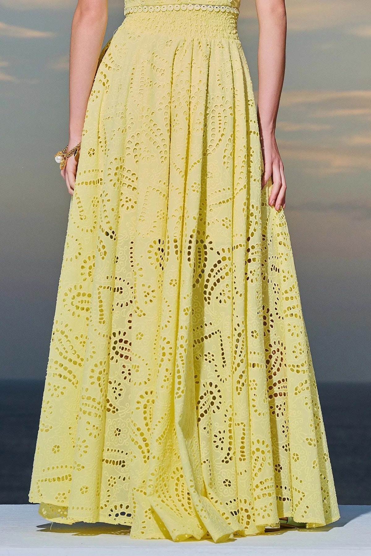 Yellow eyelet lace high-waist maxi skirt, full A-line flare with scattered cutout motifs