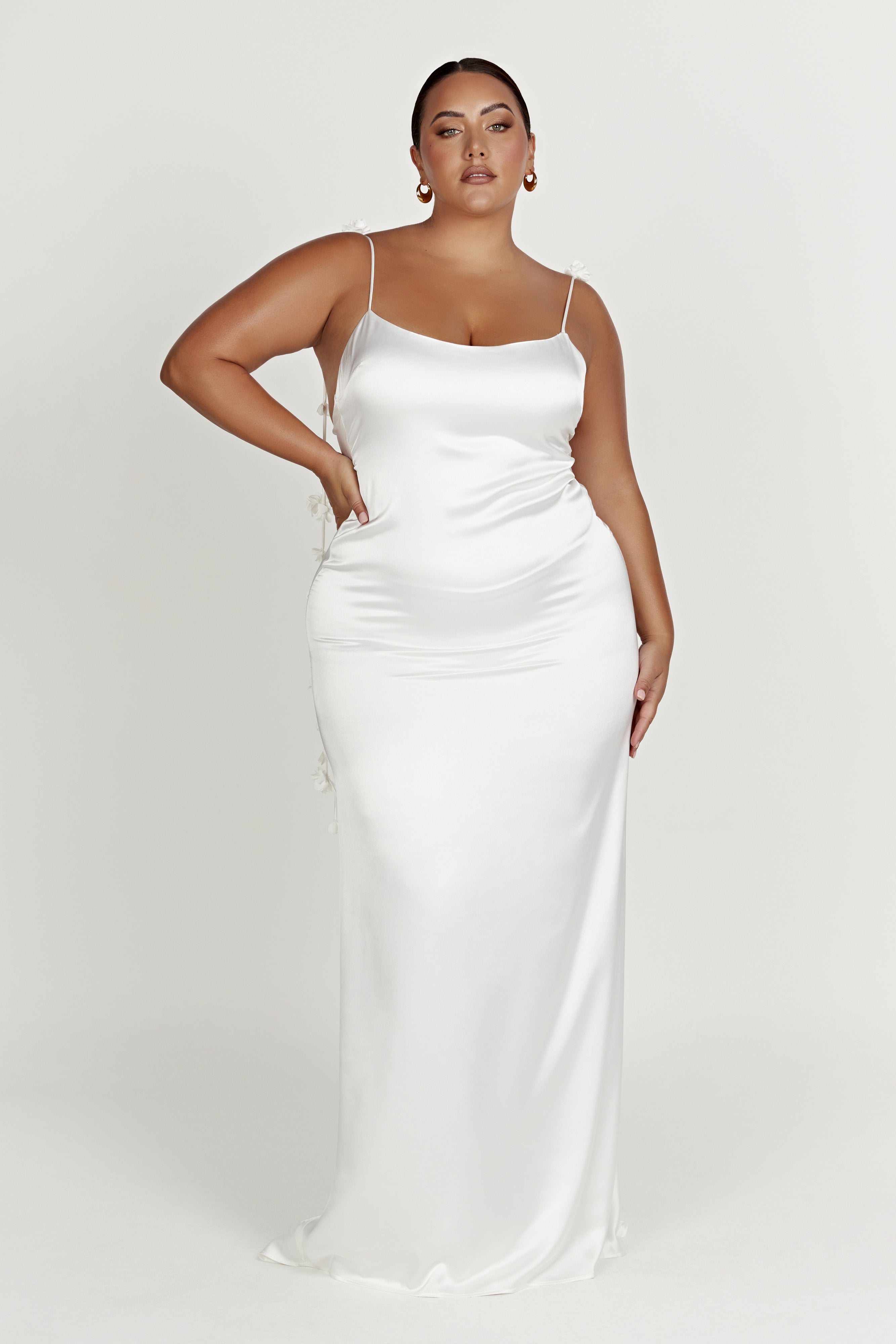 White satin slip maxi dress with spaghetti straps and softly ruched waist