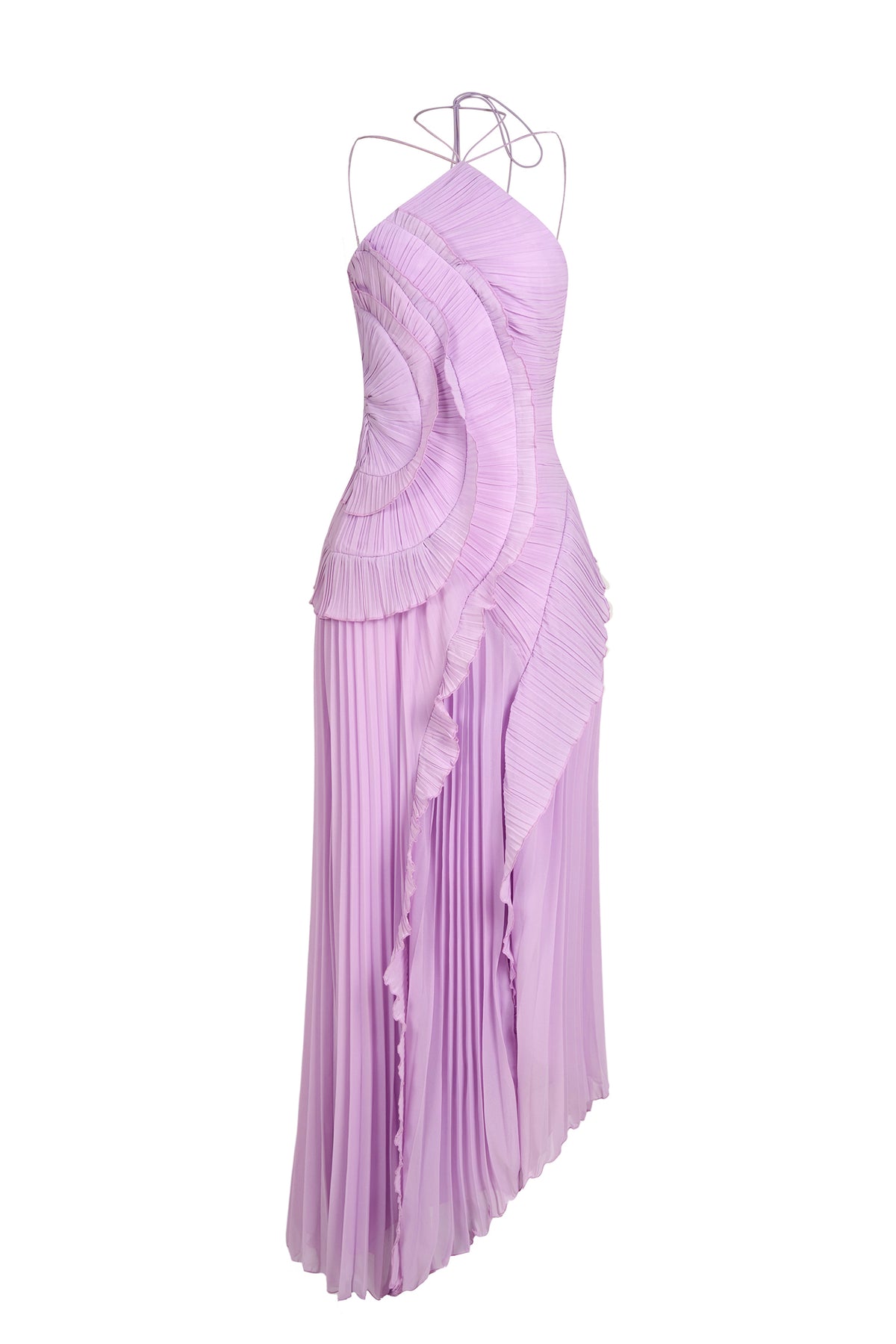 Lilac chiffon halter ruffle maxi dress on mannequin, pleated bodice and draped layers