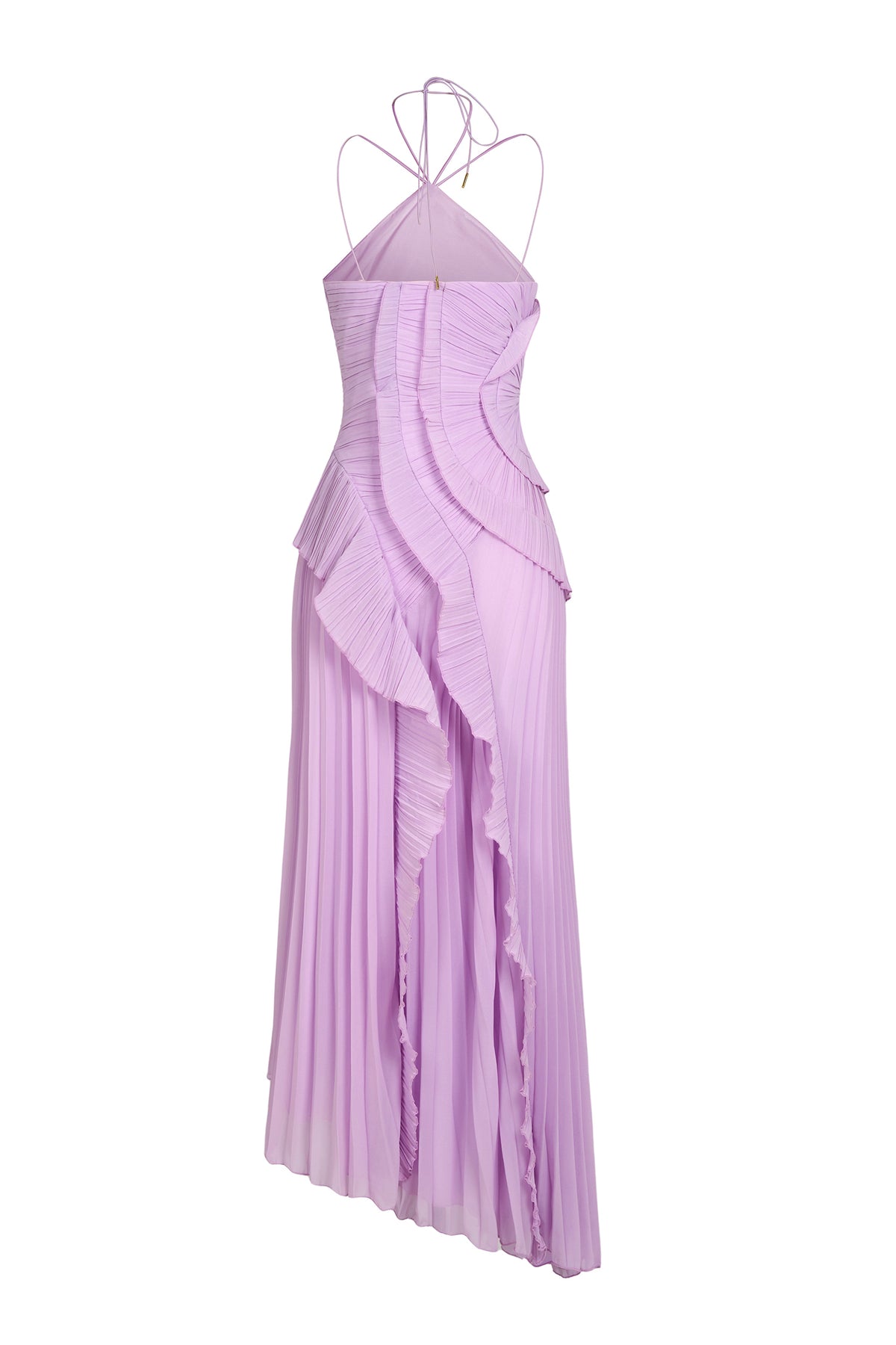 Lilac chiffon halter maxi dress back view with pleated bodice and cascading ruffle skirt