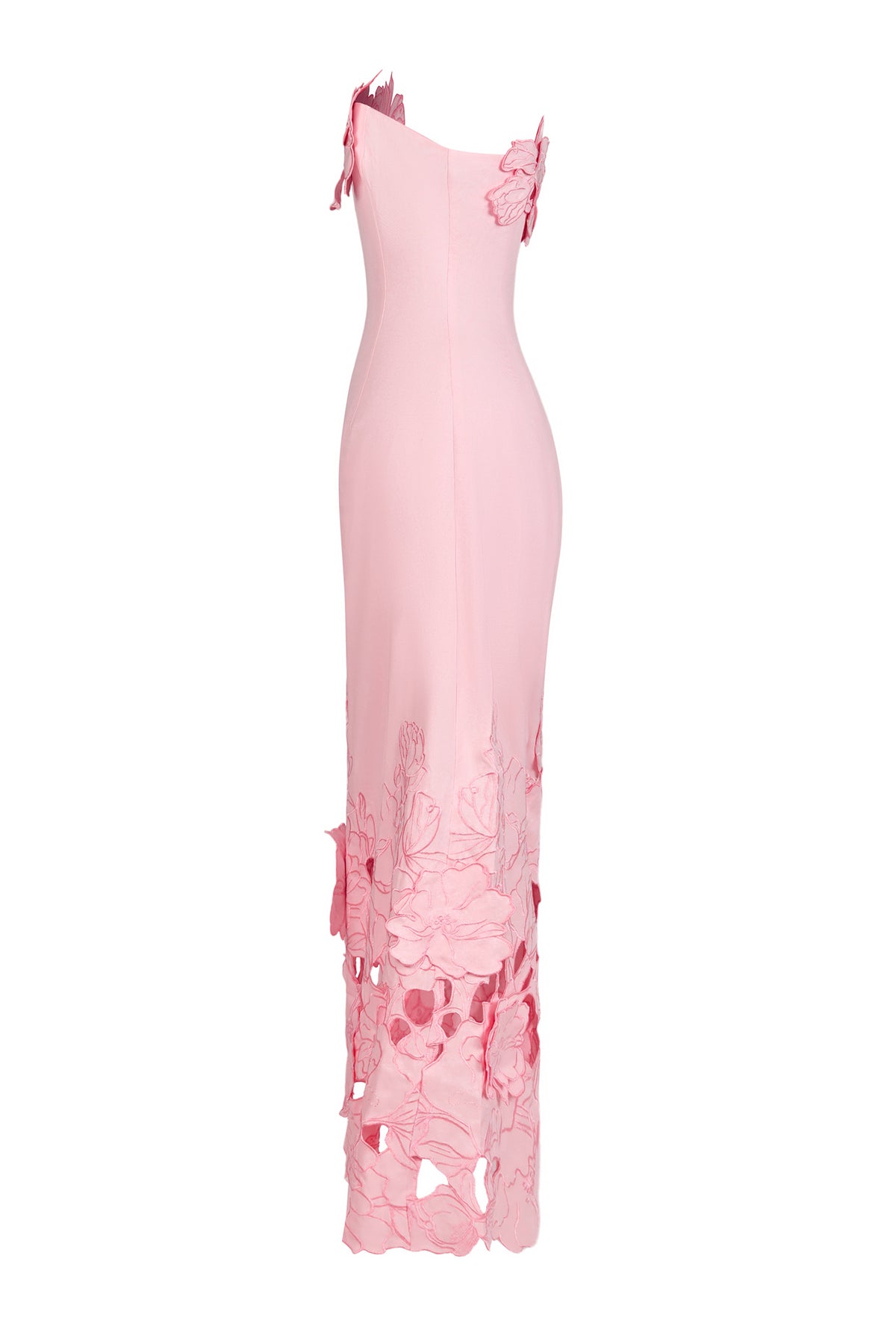 Pink strapless satin bodycon maxi dress with 3D floral appliqué and cutout hem