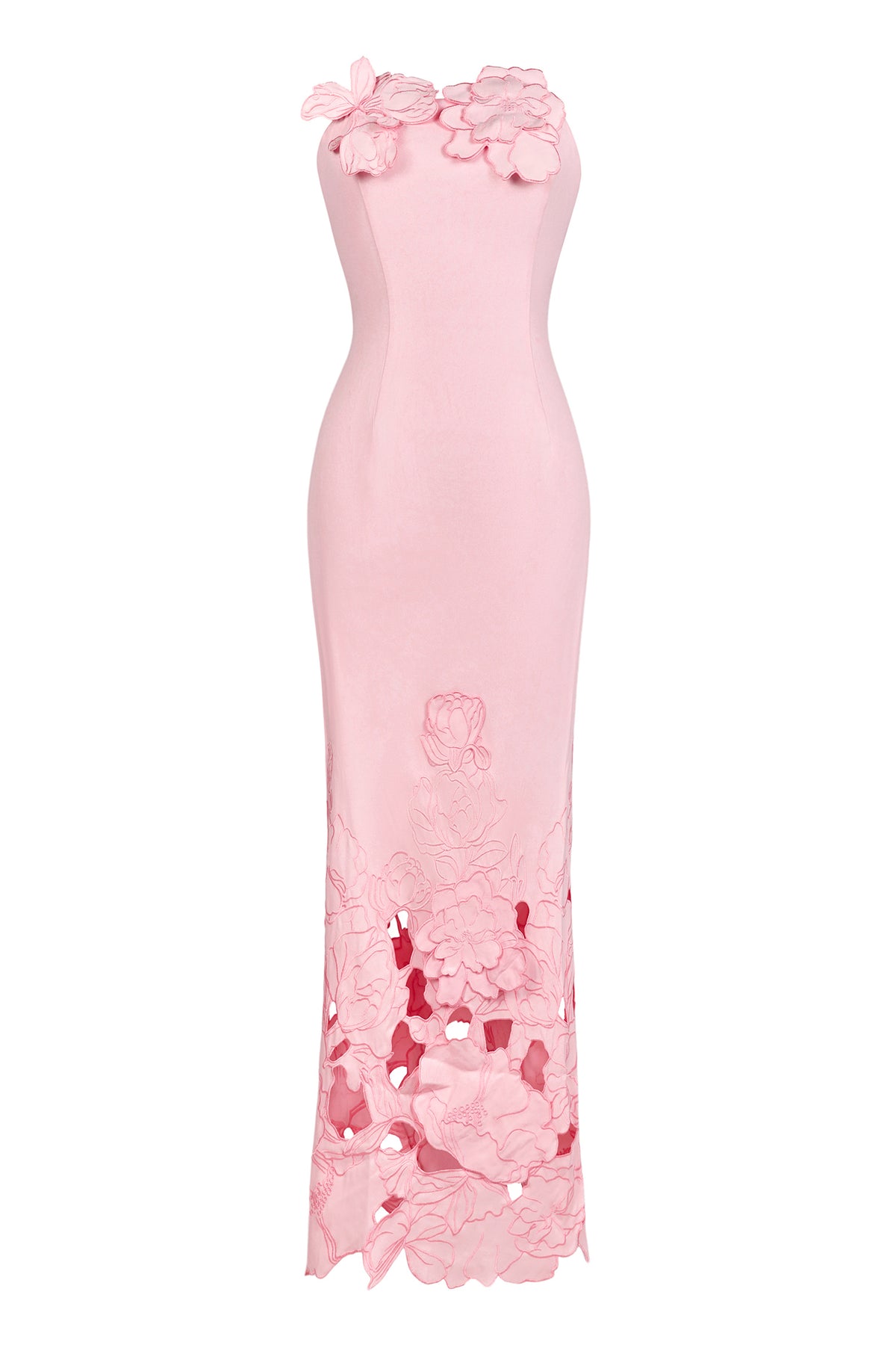 Pink satin strapless bodycon maxi dress with 3D floral appliqué and cutout hem