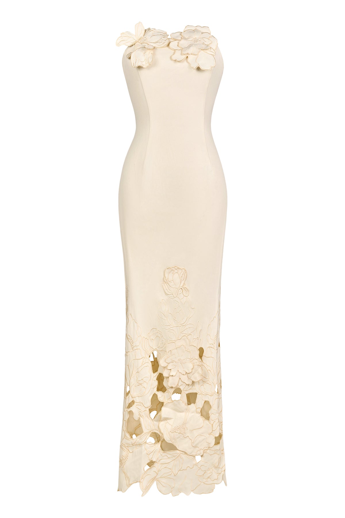 Cream strapless bodycon maxi dress on white background with floral appliques at top and hem