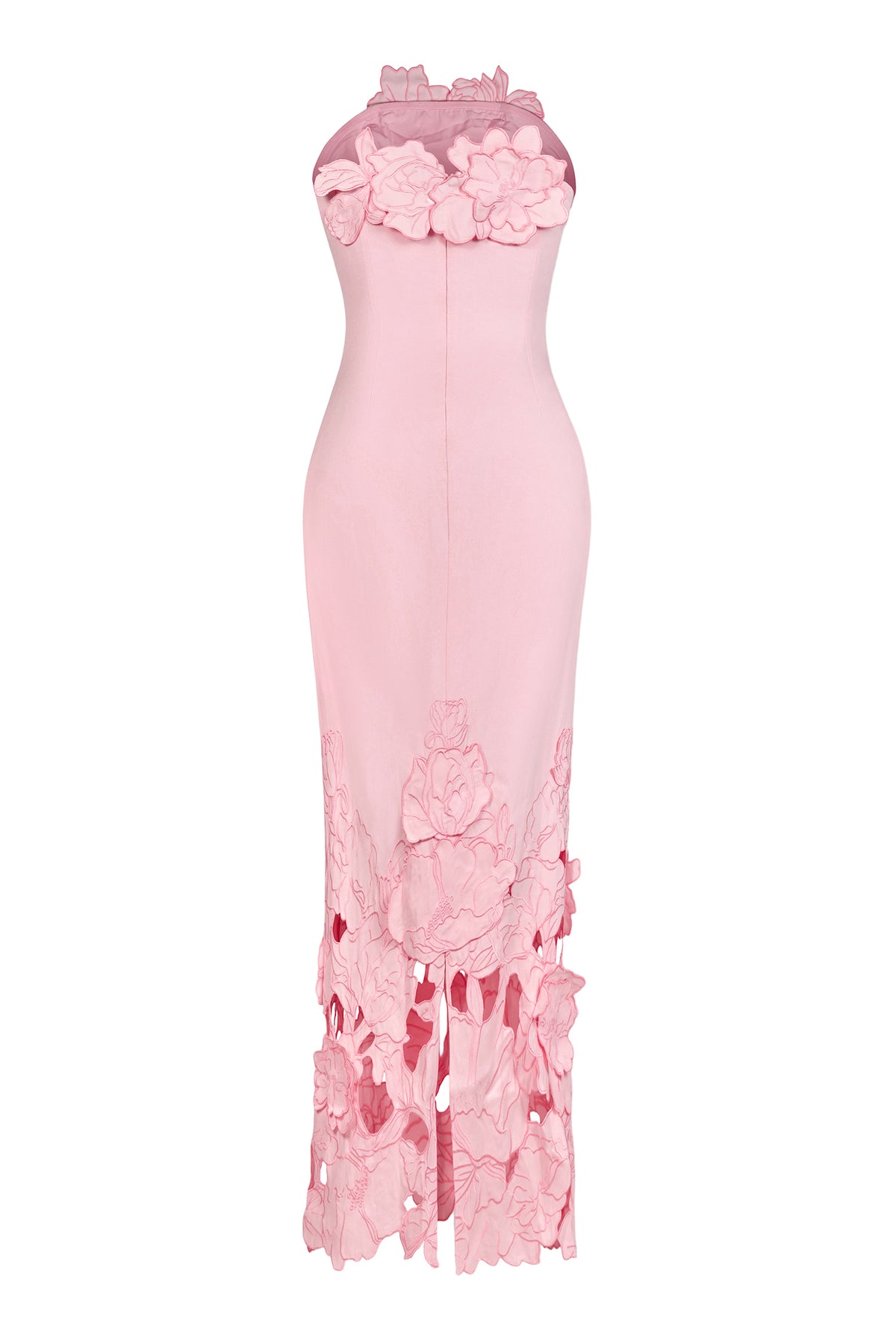 Pink strapless satin maxi dress with 3D floral appliqué and cutout hem
