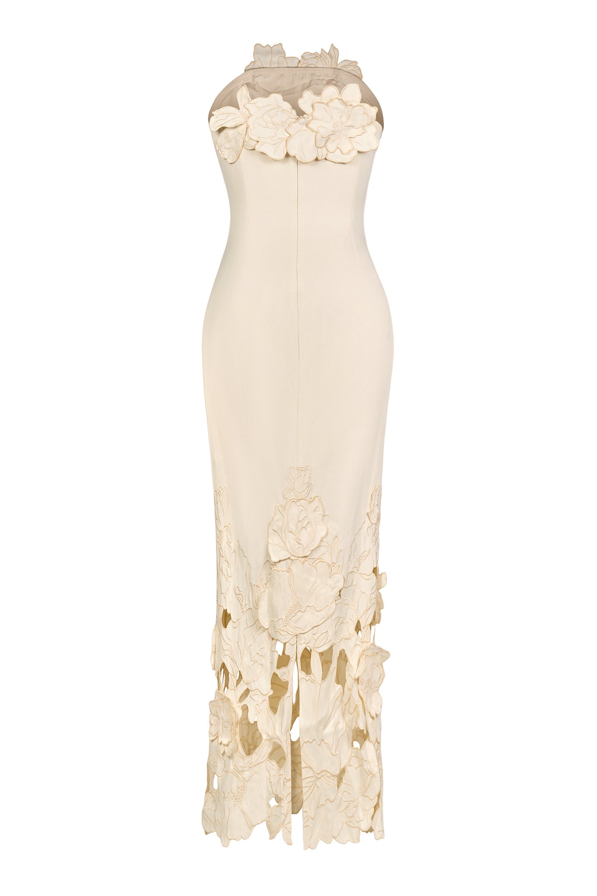 Cream strapless bodycon maxi dress on white background with 3D floral appliques and cutout hem