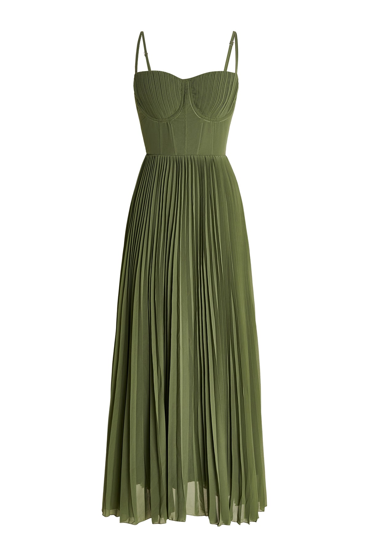Olive-green chiffon midi dress, spaghetti straps and corset-style bodice with pleated skirt
