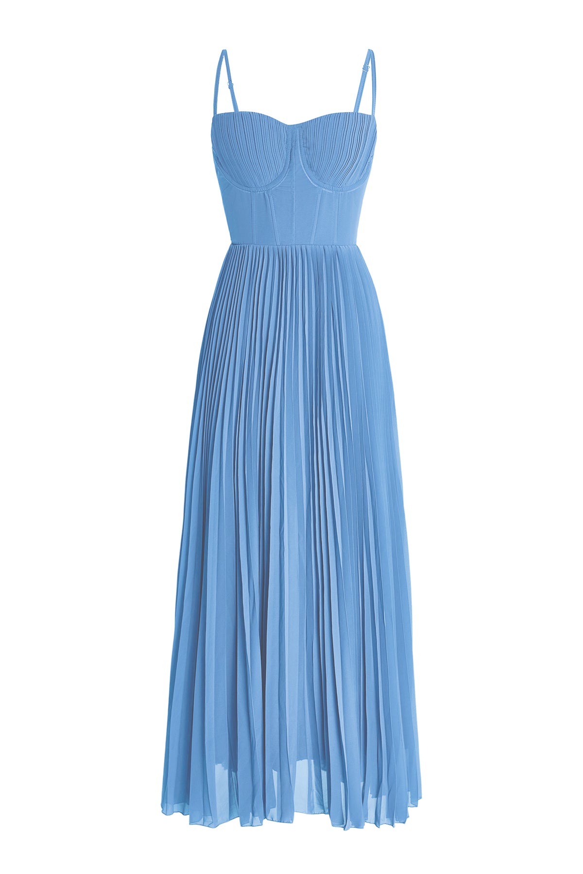 Light-blue chiffon midi dress flat lay with corset bodice, spaghetti straps, pleated skirt