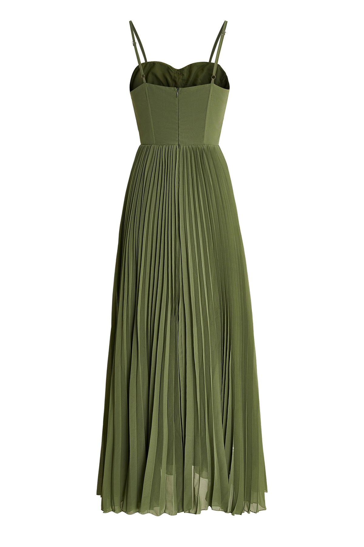 Olive-green chiffon midi dress flat lay with corset bodice, spaghetti straps, pleated skirt