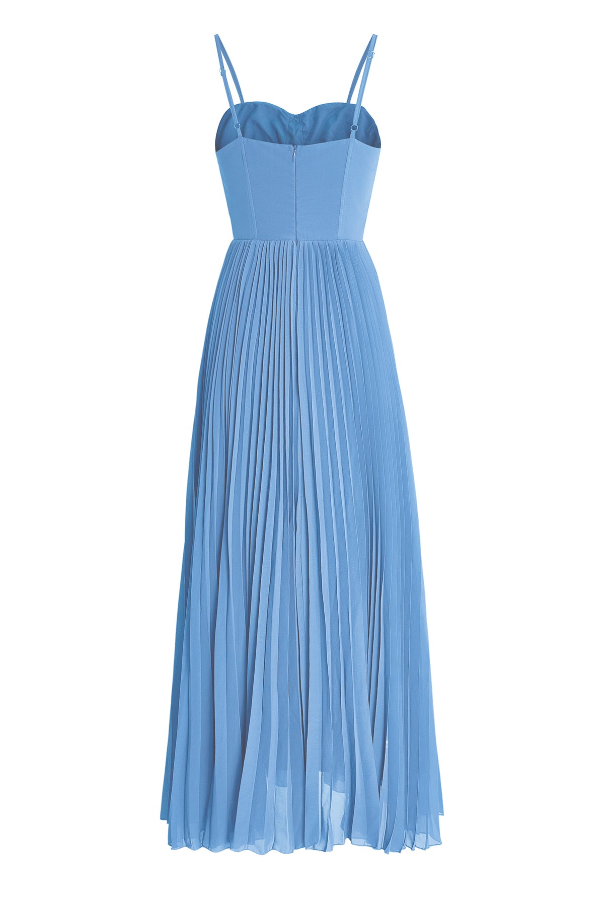 Light-blue chiffon midi dress flat lay with spaghetti straps, corset bodice, pleated skirt