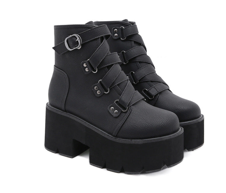 Chunky Platform Ankle Boots for Women — Buckle Straps and Lug Sole in Faux Leather