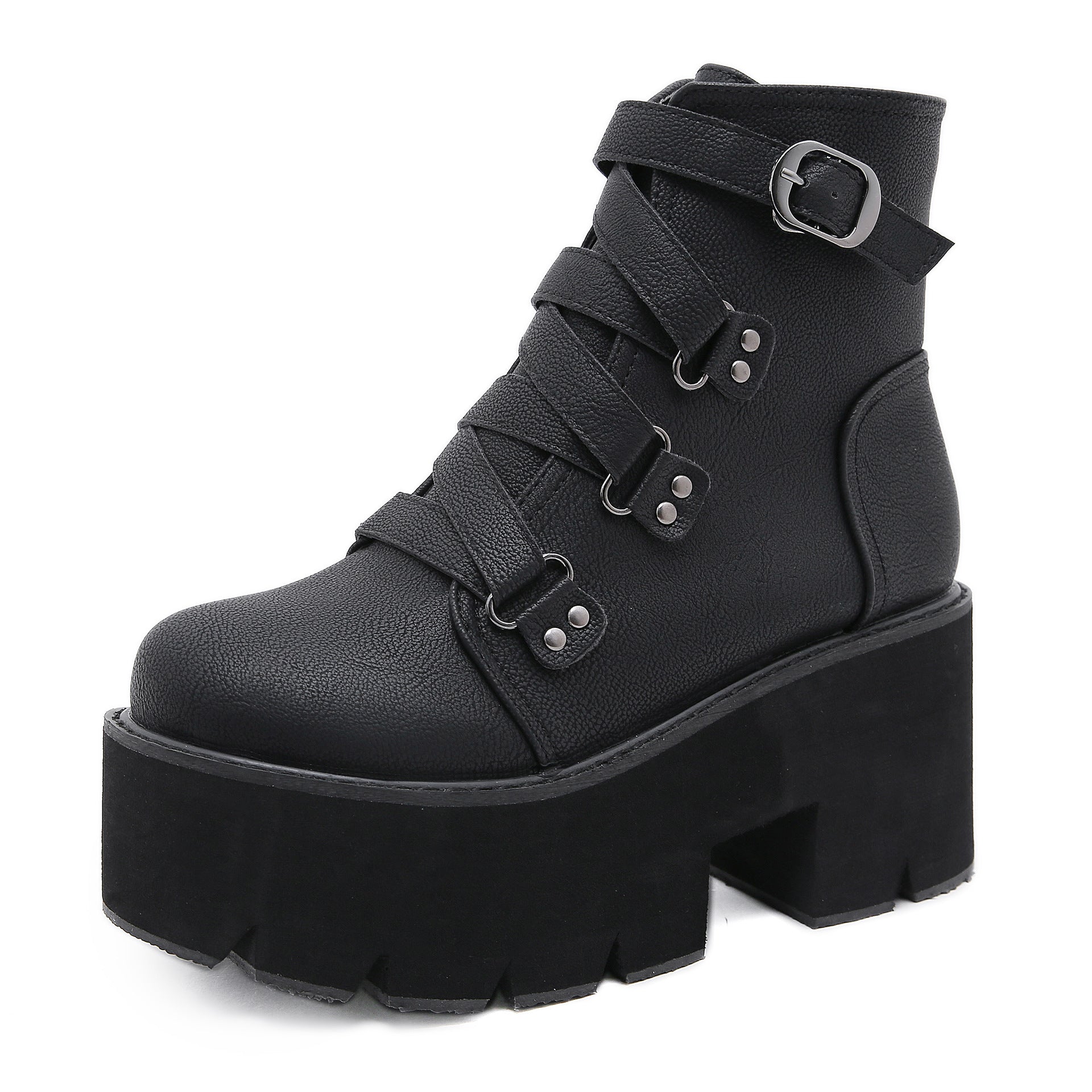Chunky Platform Ankle Boots for Women — Buckle Straps and Lug Sole in Faux Leather