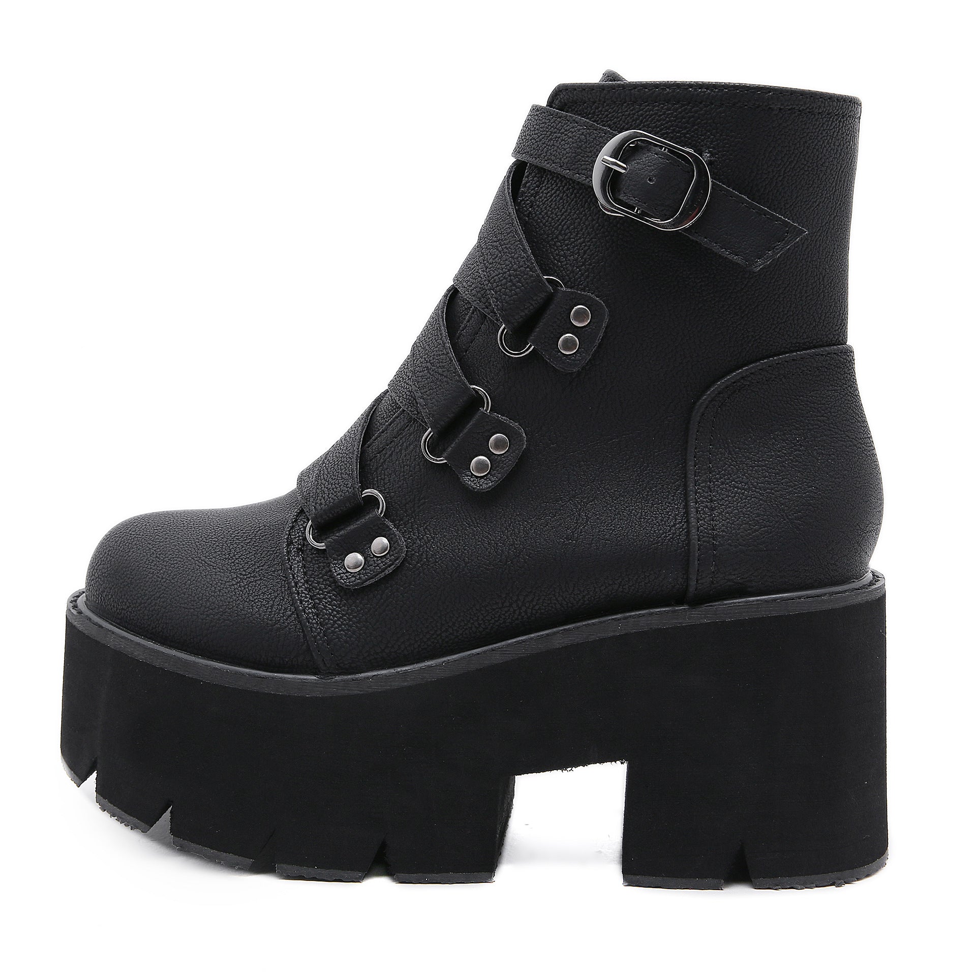 Chunky Platform Ankle Boots for Women — Buckle Straps and Lug Sole in Faux Leather