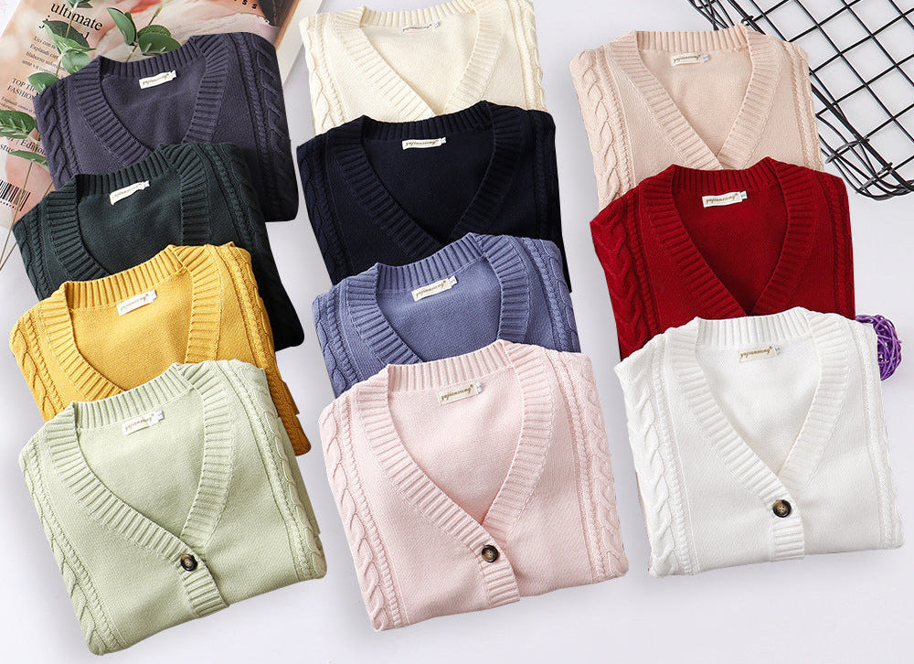 Women’s cable knit cardigans assortment with V-neck button front and patch pockets